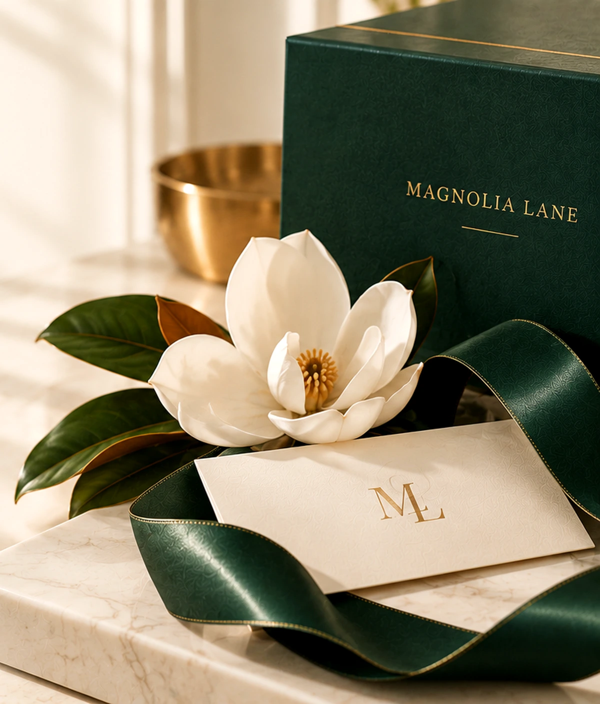 Magnolia Lane gift with ribbon and magnolia bloom