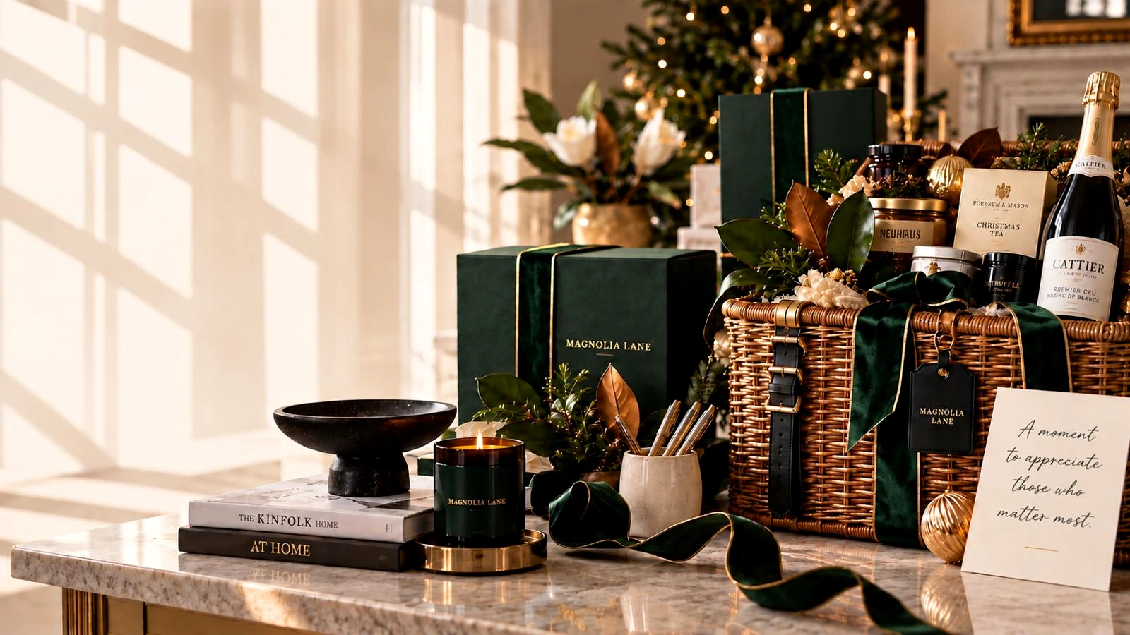 Magnolia Lane holiday gifts arranged in an elegant Christmas interior