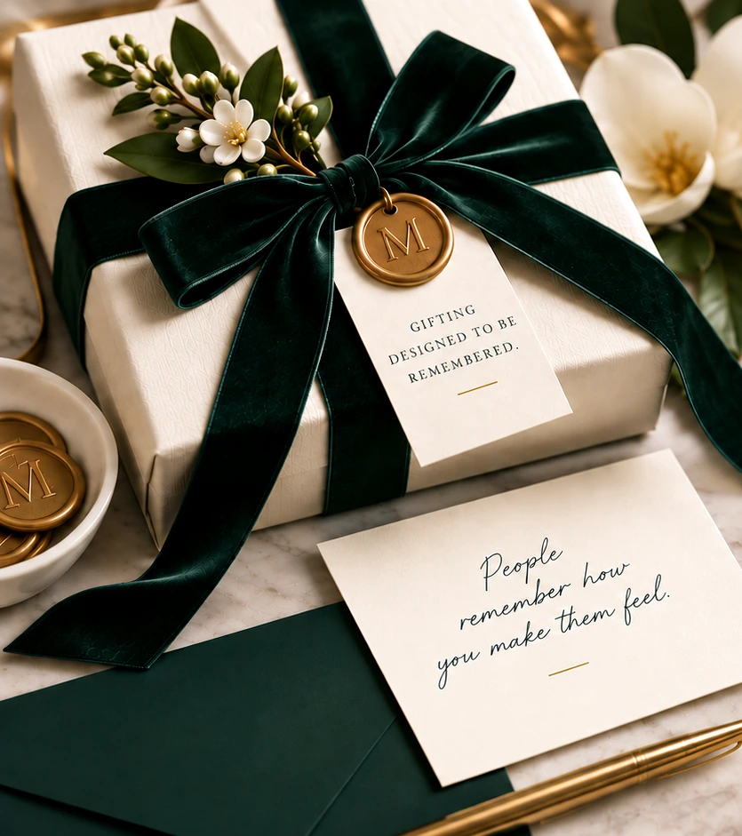 A Magnolia Lane gift finished with deep green ribbon and a personal note