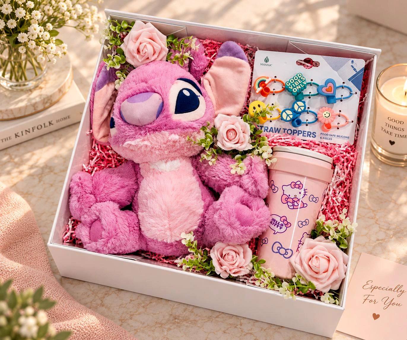 Kinder gift experience with a pink plush character, flowers, and playful details