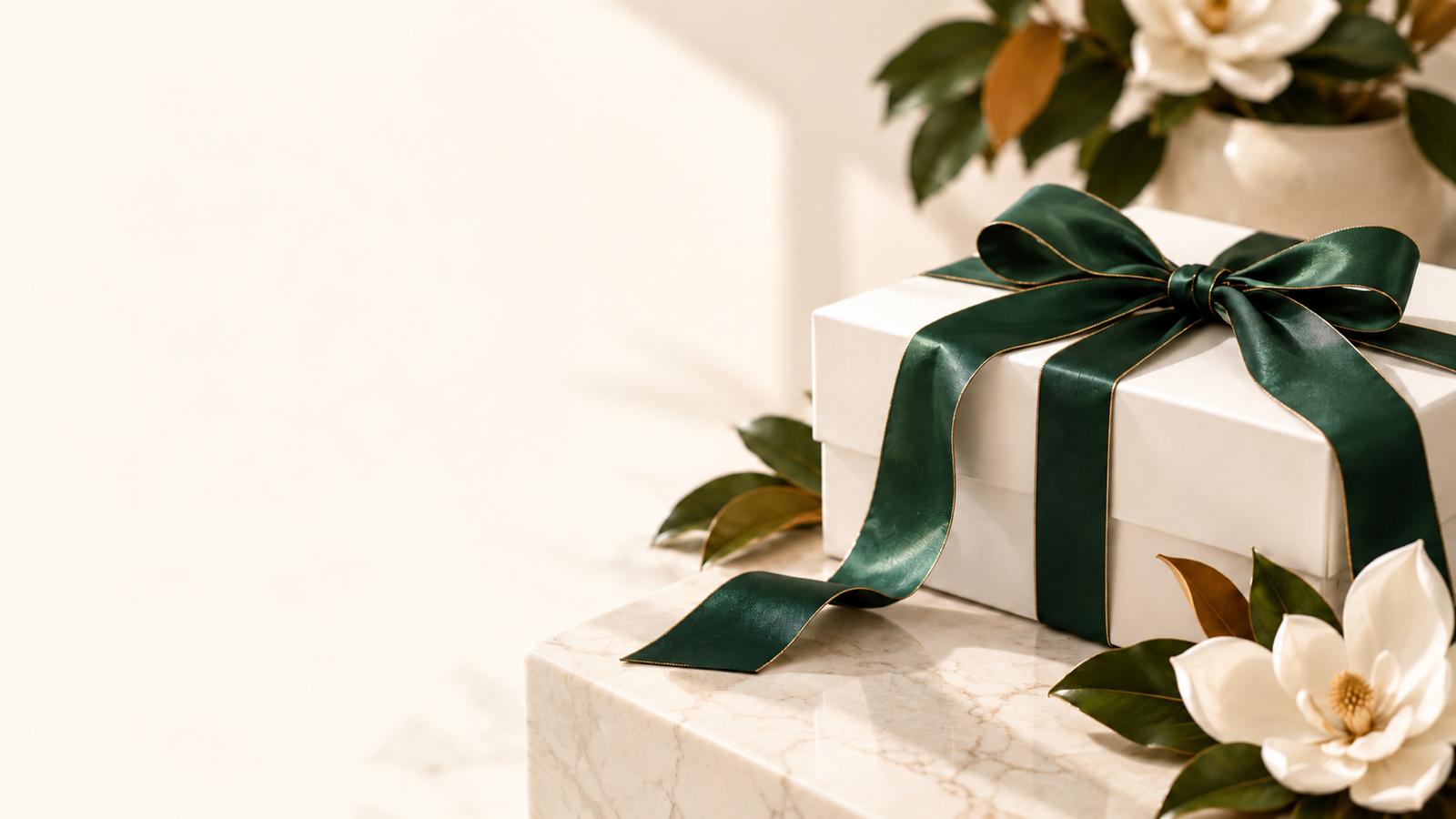 A white Magnolia Lane gift box tied with a forest-green ribbon and finished with a magnolia blossom on marble