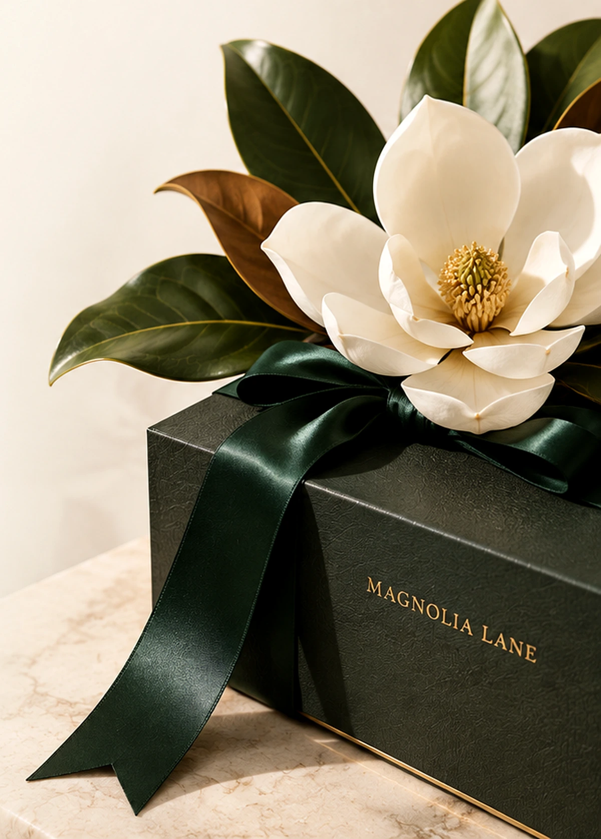 A Magnolia Lane gift box finished with green ribbon and a magnolia flower