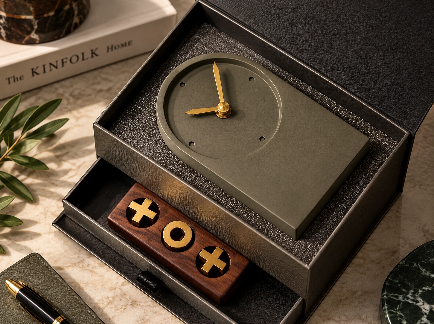 Time and Play experience with an olive clock and walnut tic-tac-toe game