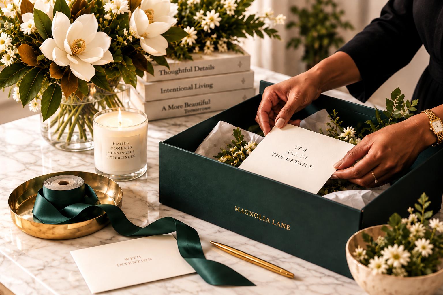 A Magnolia Lane gift experience being thoughtfully styled by hand