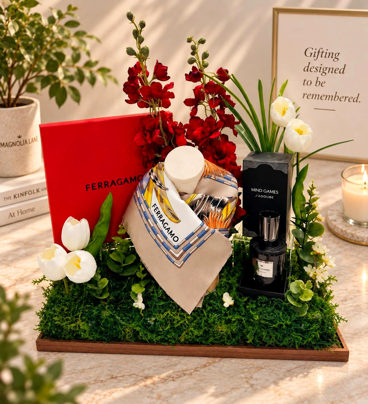 A bespoke Ferragamo curation arranged with flowers and thoughtful details