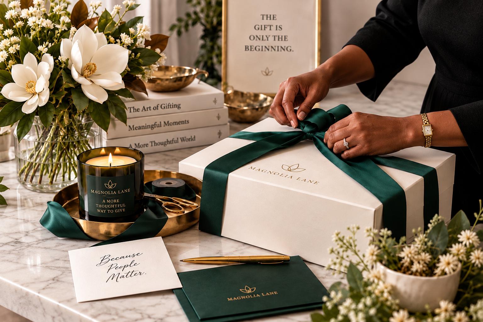 Hands tying a green satin ribbon on a white Magnolia Lane gift box surrounded by curated gifting details
